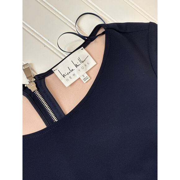 NWT Nicole Miller Mini Sheath Dress Navy Blue & Pink Bell Sleeve Career Size 8 - Picture 7 of 9